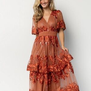 NWT Elegant Floral Embroidered Dress in RUST